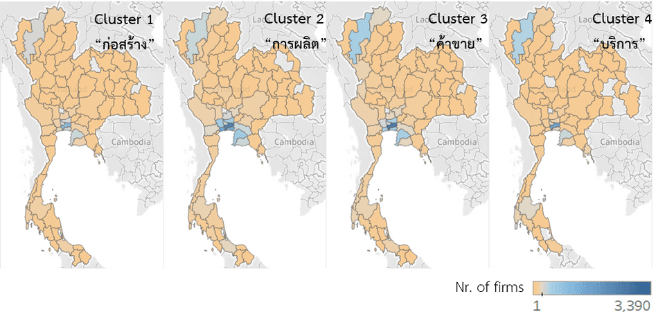 จำนวนนายจ้างหรือบริษัทที่กระจายอยู่ในแต่ละจังหวัดแบ่งตาม cluster