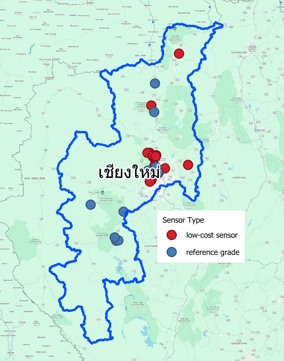 แผนที่การกระจายตัวของเครื่องตรวจวัดระดับความเข้มข้นของฝุ่น PM<sub>2.5</sub> ในจังหวัดเชียงใหม่จากเว็บไซต์ OpenAQ